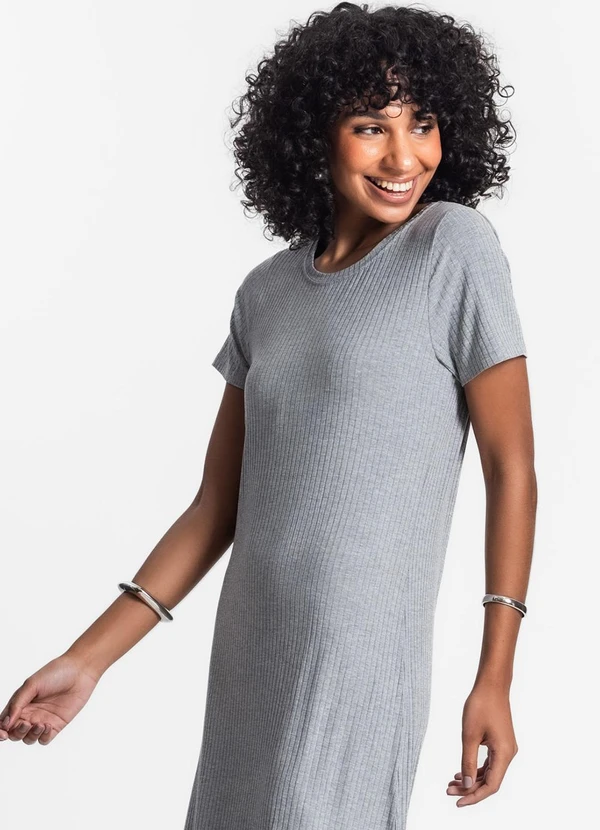 Rovitex - Vestido Midi Ribana Canelada Básico Cinza 3