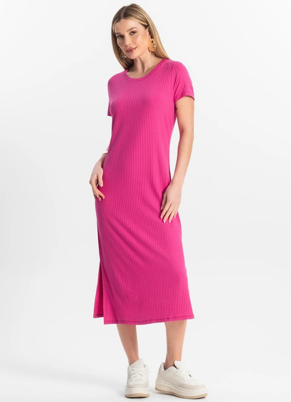 Rovitex - Vestido Midi Ribana Canelada Básico Rosa