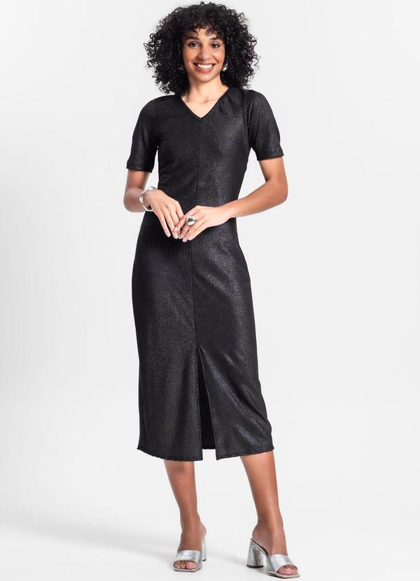 Rovitex - Vestido Midi Ribana Canelada Lurex Preto
