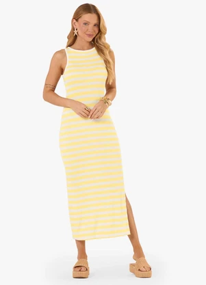 Rovitex - Vestido Midi Ribana de Viscose Listrada Amarelo - ROVITEX