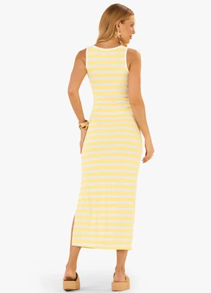 Rovitex - Vestido Midi Ribana de Viscose Listrada Amarelo - ROVITEX