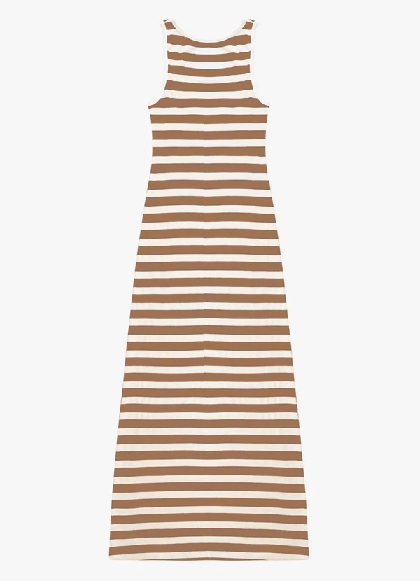 Rovitex - Vestido Midi Ribana de Viscose Listrada Marrom