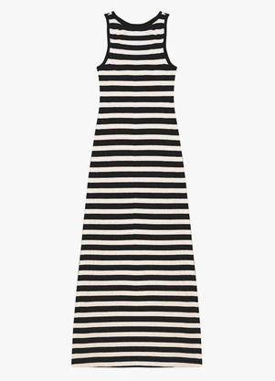 Rovitex - Vestido Midi Ribana de Viscose Listrada Preto - ROVITEX