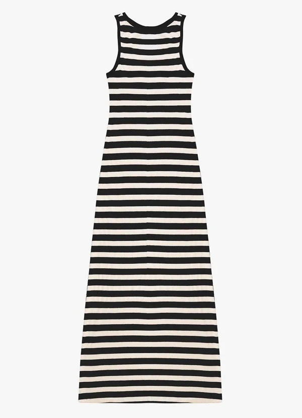 Rovitex - Vestido Midi Ribana de Viscose Listrada Preto