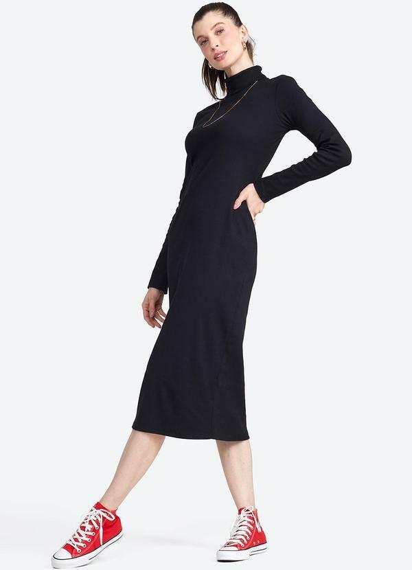 Basicamente - Vestido Midi Ribana Gola Rolê Preto