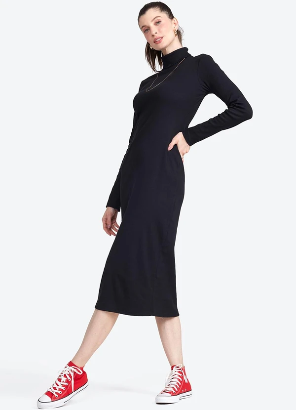 Basicamente - Vestido Midi Ribana Gola Rolê Preto