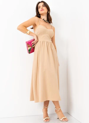 Mob - Vestido Midi Risca de Giz com Lurex Bege - MOB