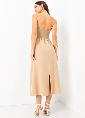 Mob - Vestido Midi Risca de Giz com Lurex Bege - MOB