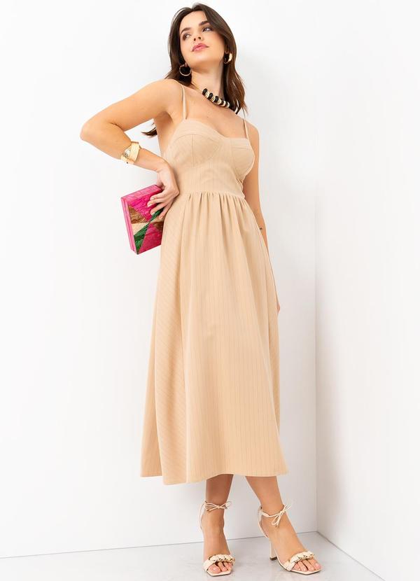 Mob - Vestido Midi Risca de Giz com Lurex Bege