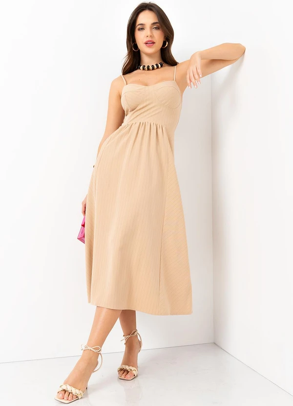 Mob - Vestido Midi Risca de Giz com Lurex Bege 3