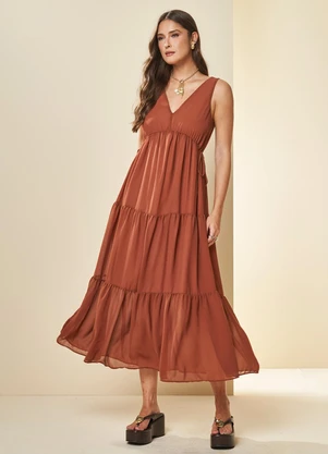 Doce Trama - Vestido Midi Romantic em Chiffon Marrom - DOCE TRAMA