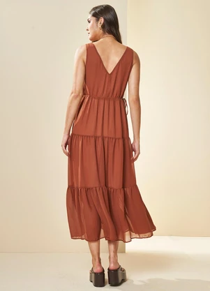 Doce Trama - Vestido Midi Romantic em Chiffon Marrom - DOCE TRAMA