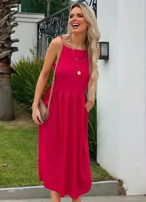 Moda Pop - Vestido Midi Rosa com Alças - MODA POP
