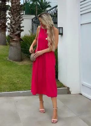 Moda Pop - Vestido Midi Rosa com Alças - MODA POP