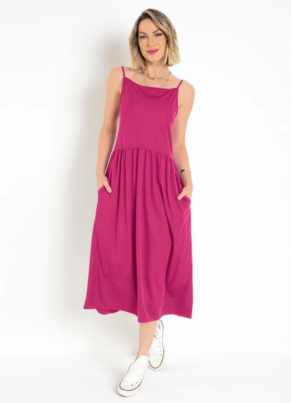Moda Pop - Vestido Midi Rosa com Alças 4