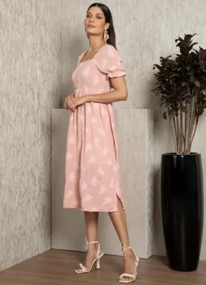 Quintess - Vestido Midi Rosa em Tecido Plano Jacquard - QUINTESS