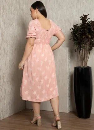 Quintess - Vestido Midi Rosa em Tecido Plano Jacquard - QUINTESS