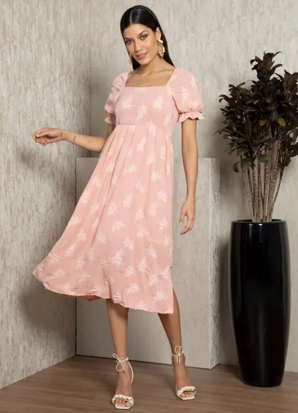 Quintess - Vestido Midi Rosa em Tecido Plano Jacquard 3