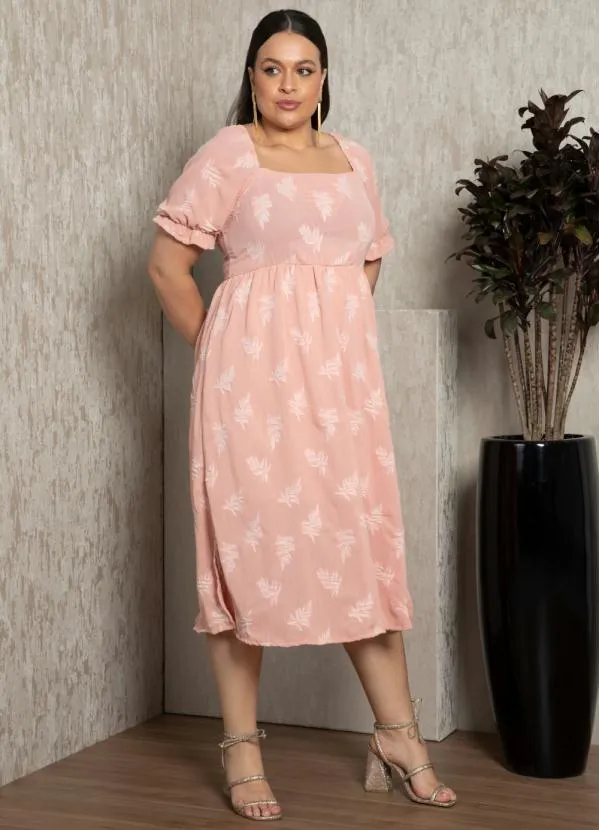 Quintess - Vestido Midi Rosa em Tecido Plano Jacquard 6