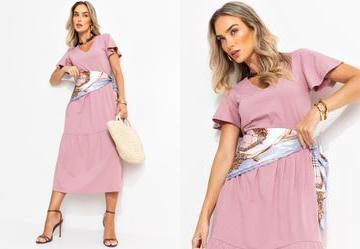 Vestido Midi Ros com Babados e Mangas Amplas