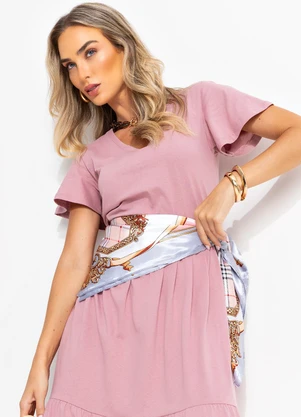 Quintess - Vestido Midi Rosê com Babados e Mangas Amplas - QUINTESS