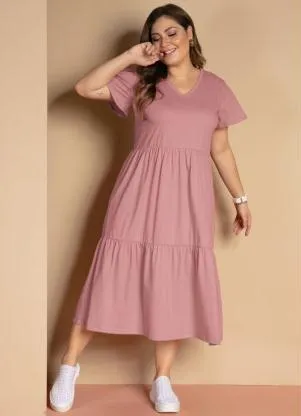 Quintess - Vestido Midi Rosê com Babados e Mangas Amplas - QUINTESS