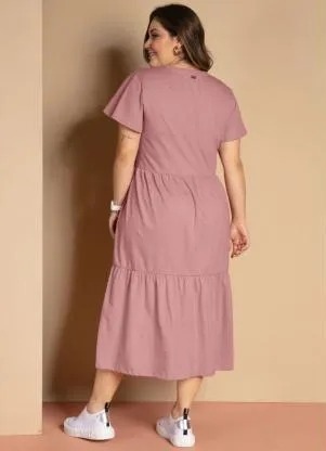 Quintess - Vestido Midi Rosê com Babados e Mangas Amplas - QUINTESS