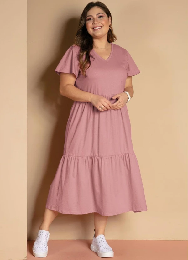 Quintess - Vestido Midi Rosê com Babados e Mangas Amplas 5