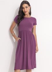Vestido Midi Roxo Acinturado com Bolsos