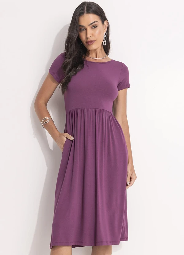 Quintess - Vestido Midi Roxo Acinturado com Bolsos