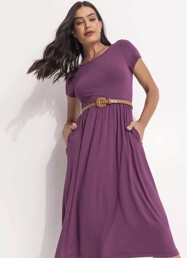 Quintess - Vestido Midi Roxo Acinturado com Bolsos 6