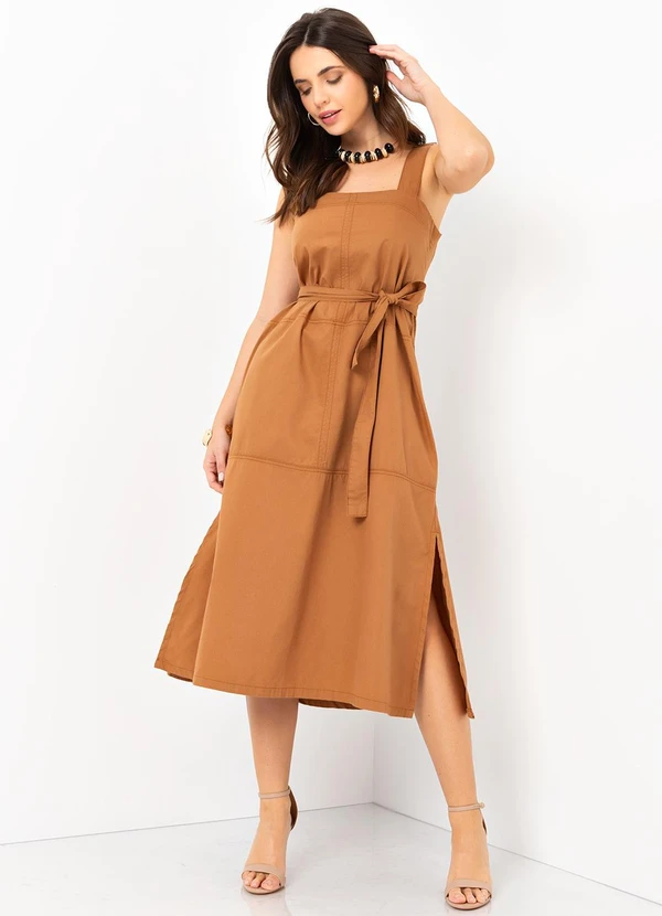 Mob - Vestido Midi Sarja Decote Reto Marrom