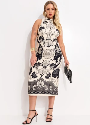 Farm - Vestido Midi Selvática Bege - FARM