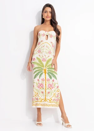 Farm - Vestido Midi sem Alça Floral Nusa Bege - FARM