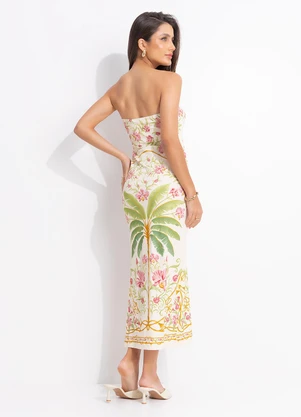 Farm - Vestido Midi sem Alça Floral Nusa Bege - FARM
