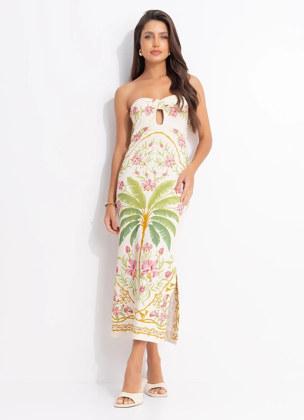 Farm - Vestido Midi sem Alça Floral Nusa Bege 3