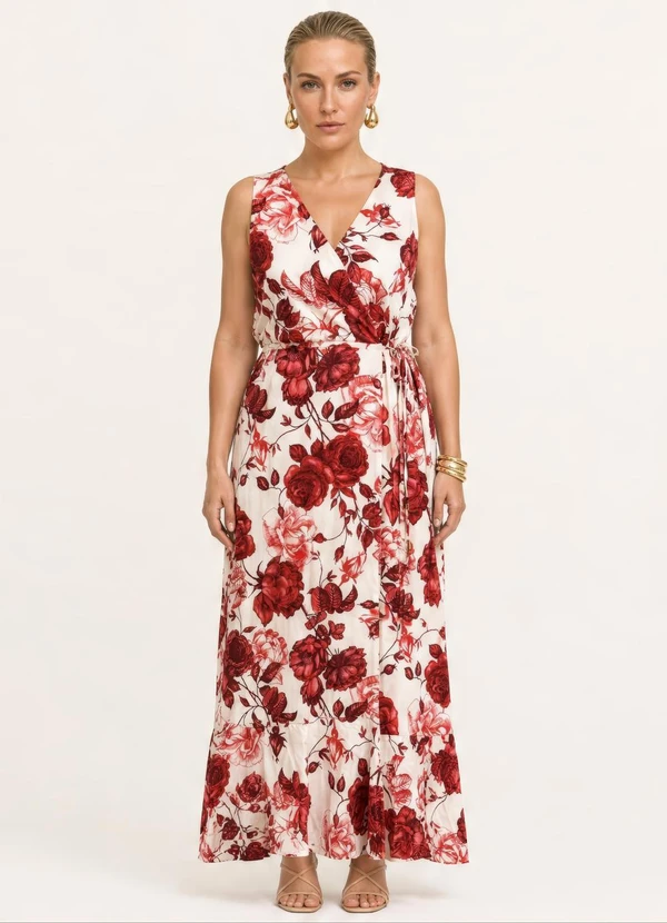Elegance - Vestido Midi sem Manga de Alças Largas Vermelho