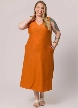 Doce Trama - Vestido Midi sem Manga  Laranja - DOCE TRAMA