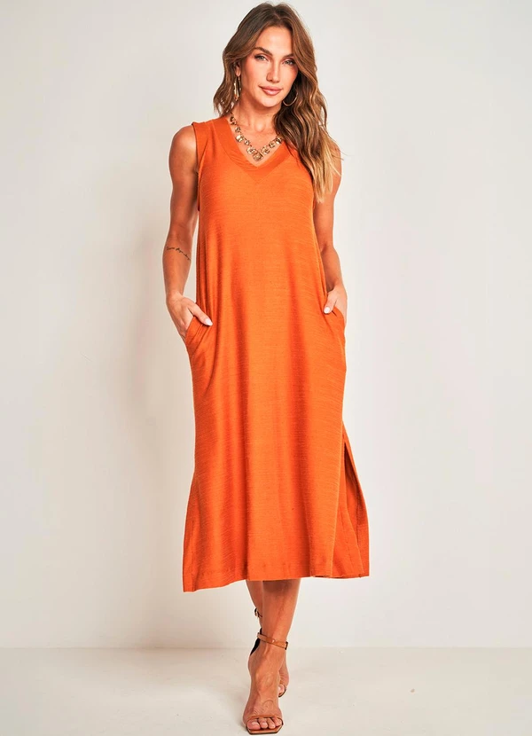 Doce Trama - Vestido Midi sem Manga Laranja