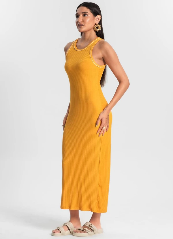 Rovitex - Vestido Midi sem Manga Ribana Canelada Amarelo
