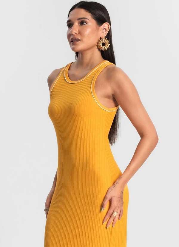 Rovitex - Vestido Midi sem Manga Ribana Canelada Amarelo 4