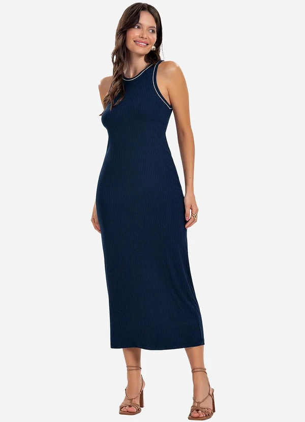 Rovitex - Vestido Midi sem Manga Ribana Canelada Azul