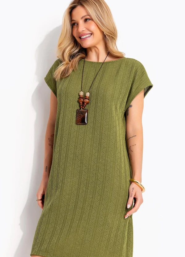 Quintess - Vestido Midi Soltinho em Malha Tricô Verde Oliva Texturizada 2