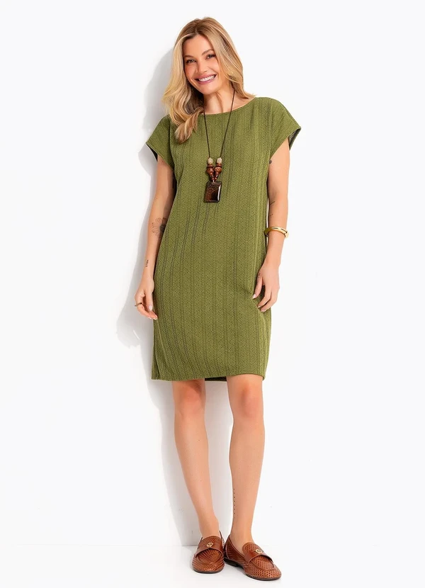 Quintess - Vestido Midi Soltinho em Malha Tricô Verde Oliva Texturizada 1