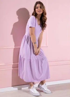 Quintess - Vestido Midi Soltinho Lilás Decote V e Bolsos - QUINTESS