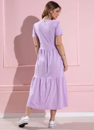 Quintess - Vestido Midi Soltinho Lilás Decote V e Bolsos - QUINTESS