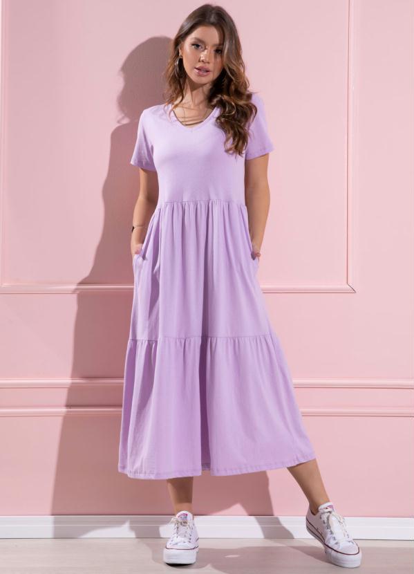 Quintess - Vestido Midi Soltinho Lilás Decote V e Bolsos 5