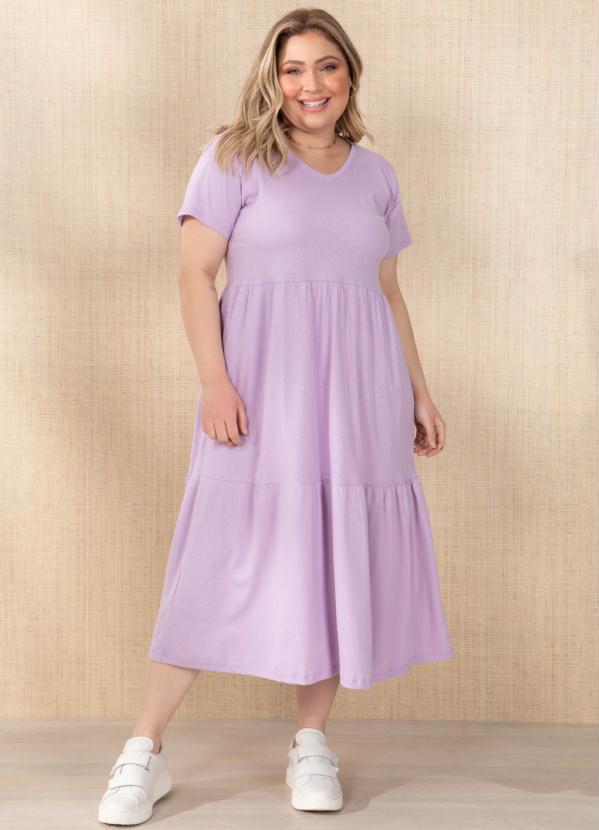Quintess - Vestido Midi Soltinho Lilás Decote V e Bolsos 3