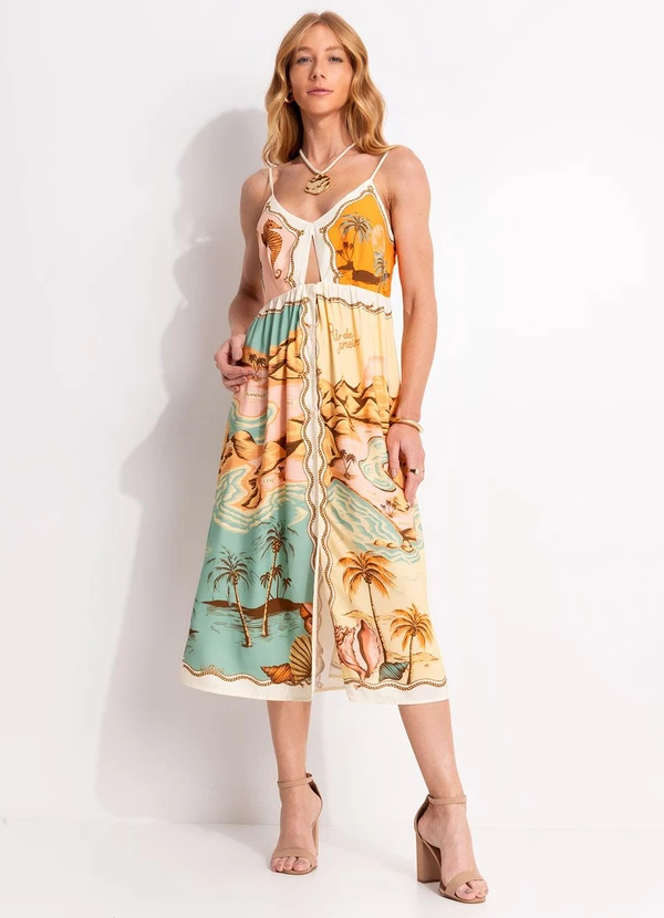 Farm - Vestido Midi Souvenir Litoral Bege