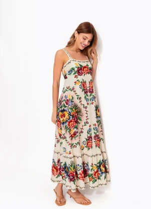 Farm - Vestido Midi Tapete de Flor Bege - FARM